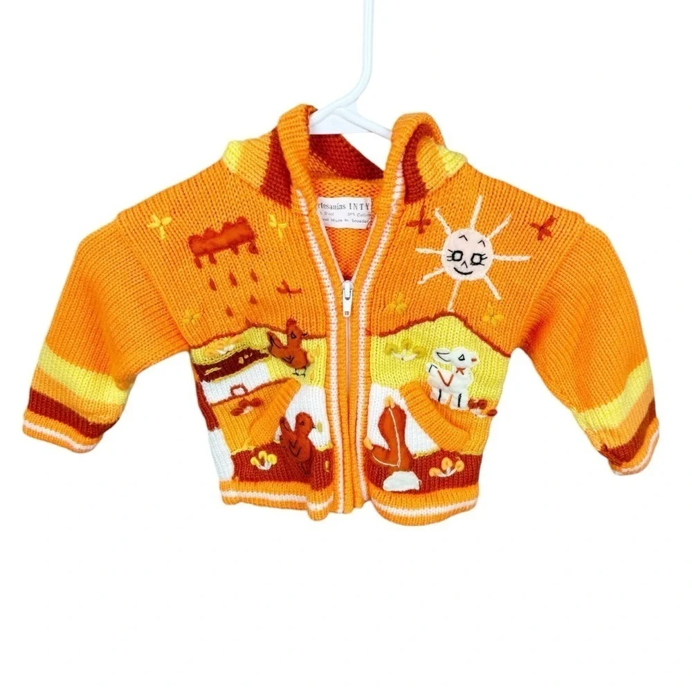 Artesanias INTY Handmade Bright Orange and Yellow Wool Stripe Farm Hoodie